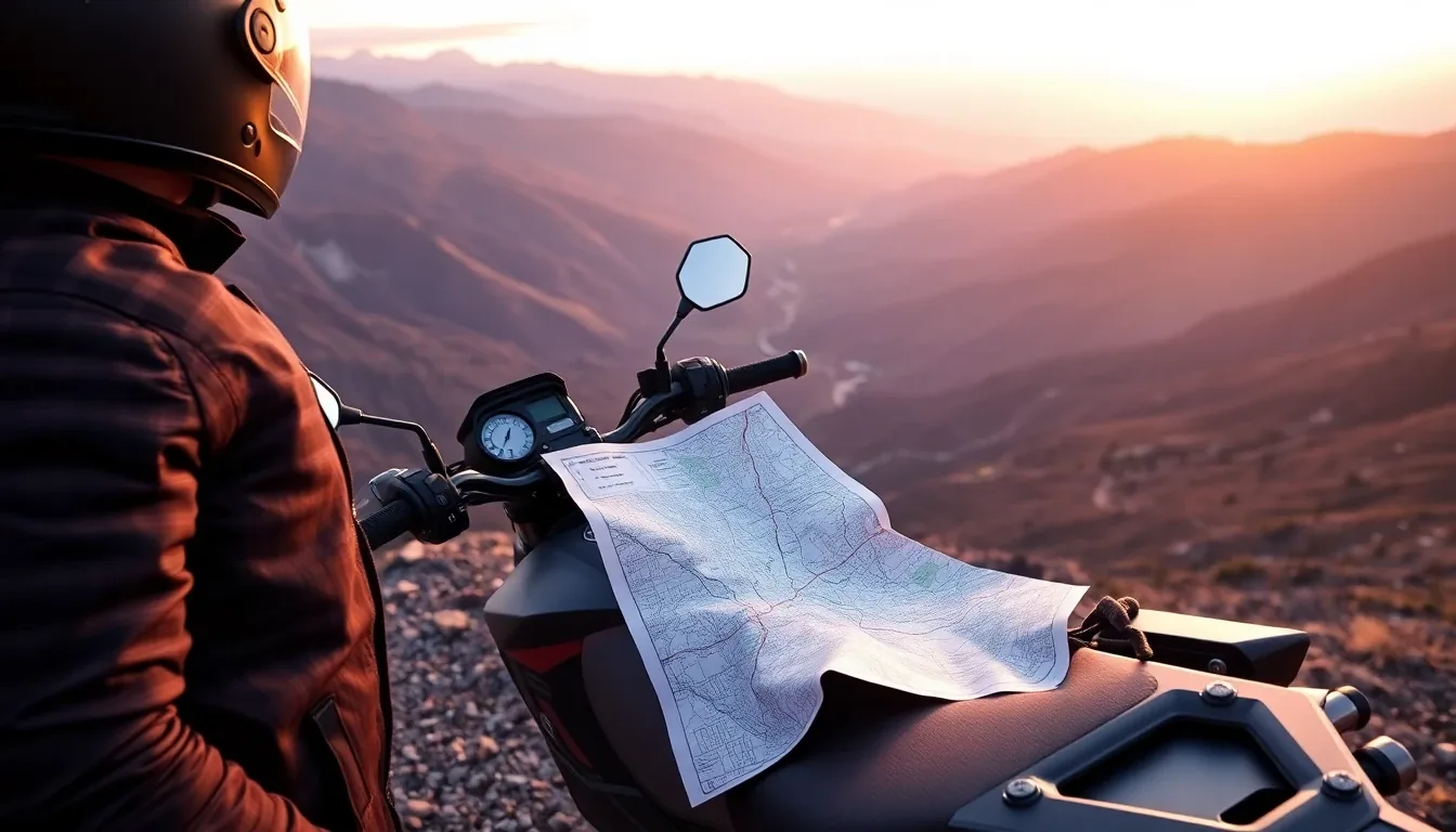 Motorcyclist checking a map with bike parked at a panoramic viewpoint