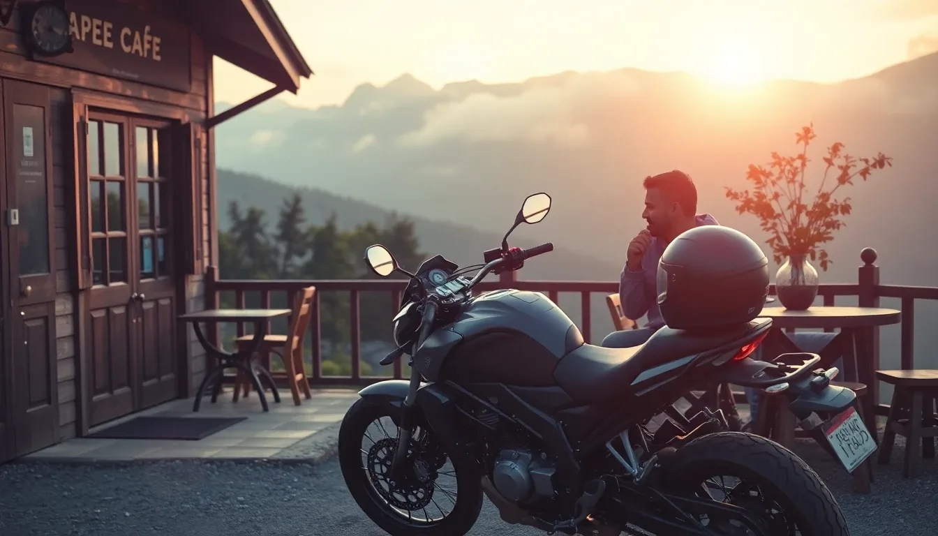 Motorcyclist taking a coffee break at a roadside café with mountain view
