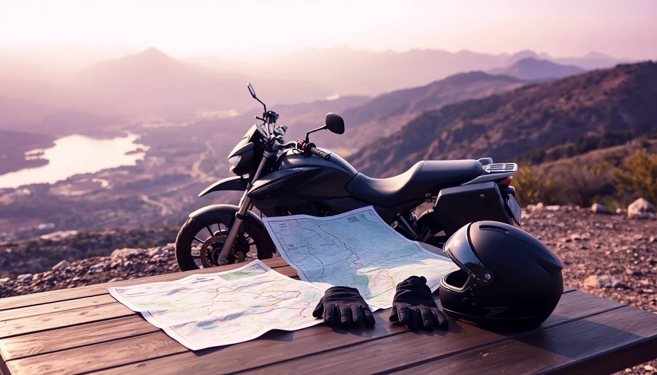 Motorcycle and road map at a scenic mountain viewpoint