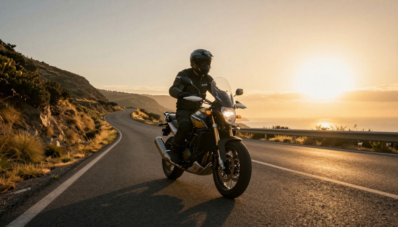 Motard sur une route sinueuse et panoramique