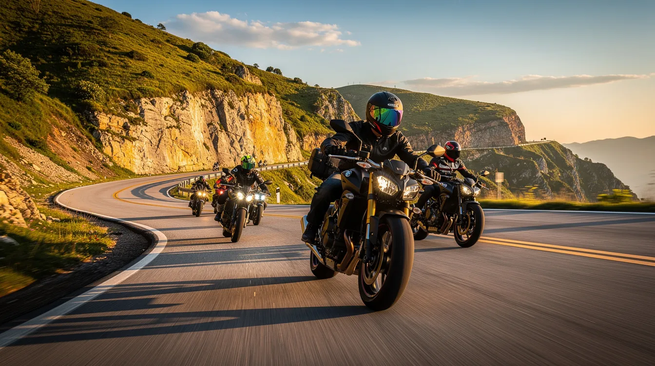 Group of motorcycle riders in formation on the road
