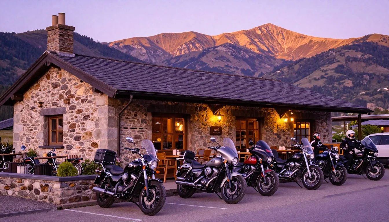 Motos garées devant un relais motard de campagne au coucher du soleil