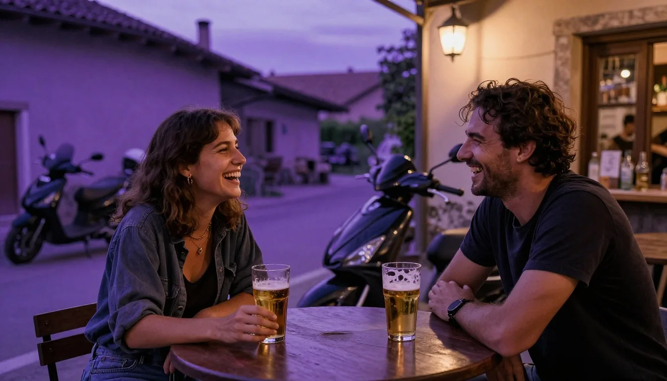Two motorcycle friends at a bar terrace