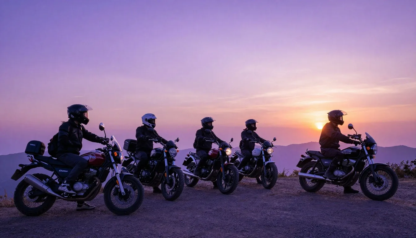 Group of motorcycle riders at sunset viewpoint